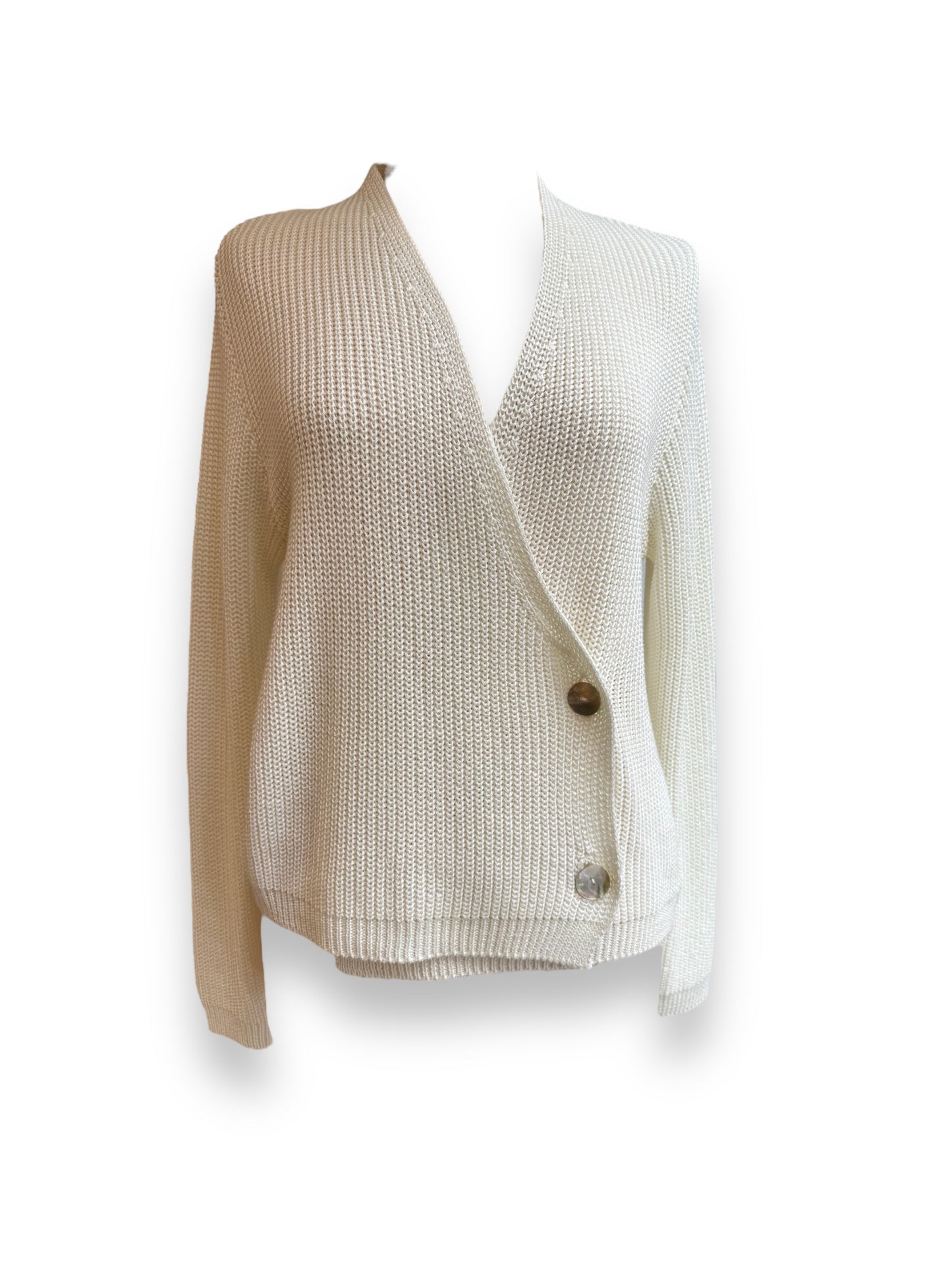 Cardigan incrociato bianco con bottoni. Cardigan incrociato con bottoni made in italy. Cardigan incrociato vestibilità morbida.